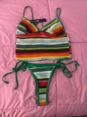 Fashion Nova Multicolor Crochet Bikini Set with Green Trim